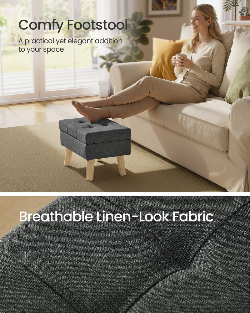 Woman resting her bare feet on the tufted slate grey ottoman footstool, next to a close-up of its woven linen-look fabric texture.