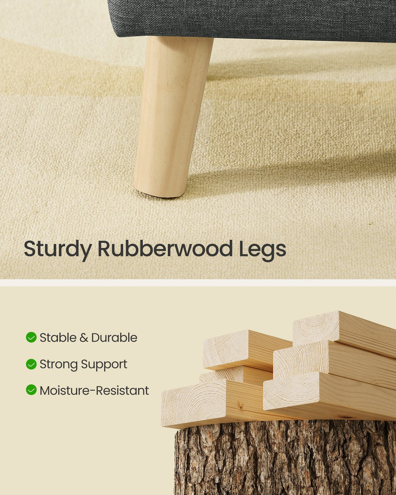 Close-up of one turned rubberwood leg on a rug, paired with a stack of raw wood battens illustrating the leg material.