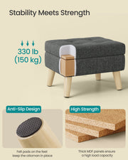 Studio shot of the ottoman with a 150kg static load callout over the seat, plus close-ups of a felt anti-slip foot pad and stacked MDF panels.