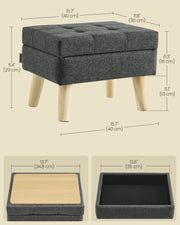 Labelled dimensions diagram of the slate grey ottoman showing overall 40 x 30 x 29cm size, leg height, and the flip-lid tabletop and inner compartment dimensions.
