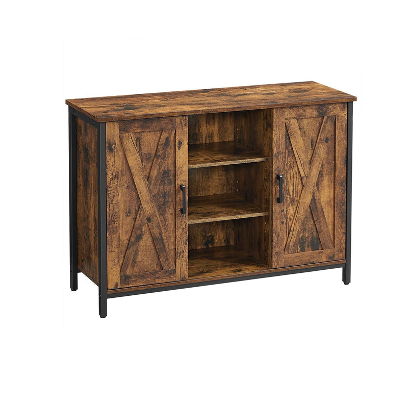 Rustic brown and black Vasagle sideboard with 2 barn doors and open centre shelves