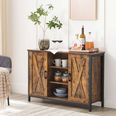 Rustic brown sideboard in a living room holding a plant and bottles