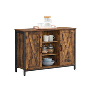 Angled studio view of the sideboard with crockery on the open centre shelves