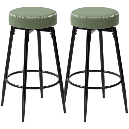 Set of 2 Adjustable Faux Leather Bar Stools with Footrest for Kitchen Counter, Green Seat With Black Legs