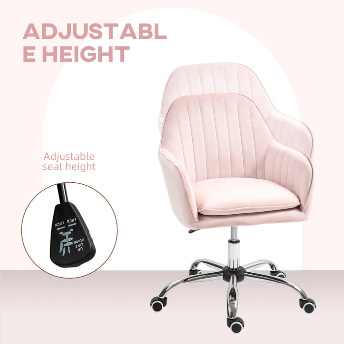 Pink Velvet Swivel Desk Chair with Adjustable Height and Wheels by HOMCOM