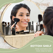 Round Wall Mirror with Built In Shelf for Bathroom or Hallway Display Natural Wood Effect