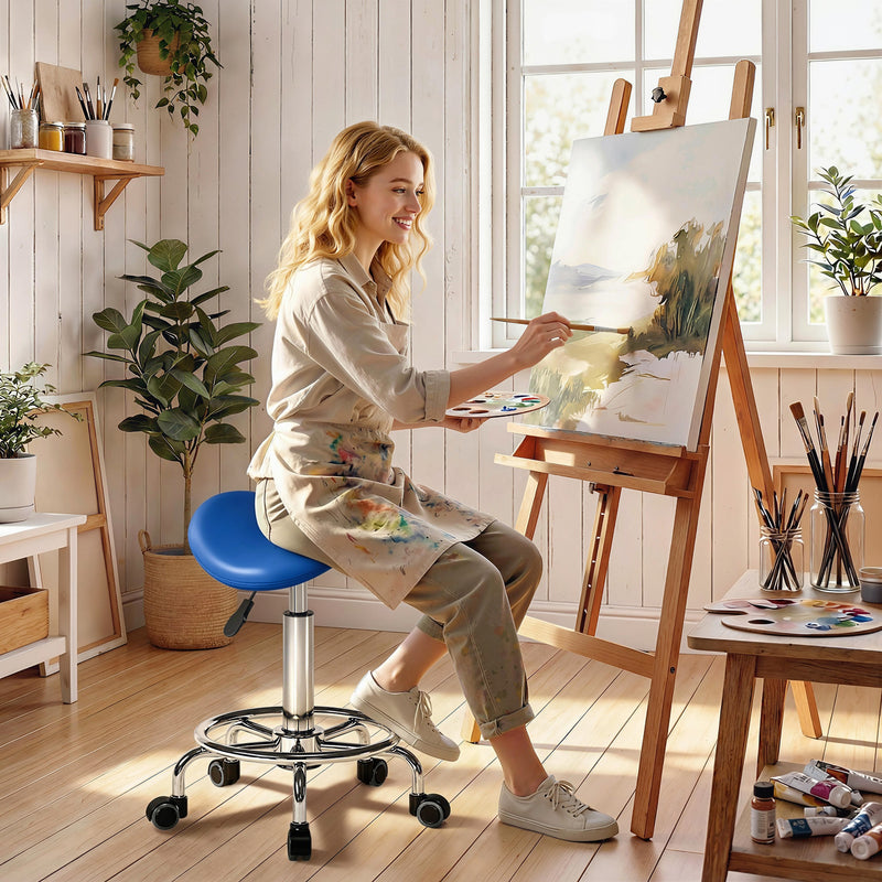 Ergonomic Saddle Chair for Back Support with Swivel Wheels and Easy Clean Seat Blue AOSOM