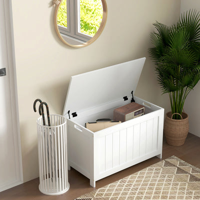 Wooden Toy Storage Chest With Safety Hinges and Cut Out Handles For Living Room, White