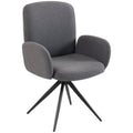 Grey linen-look swivel accent chair with curved back and black steel base on a white background