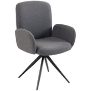 Grey linen-look swivel accent chair with curved back and black steel base on a white background