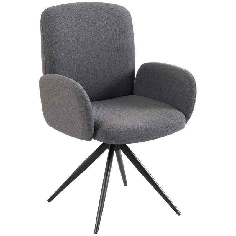 Grey linen-look swivel accent chair with curved back and black steel base on a white background