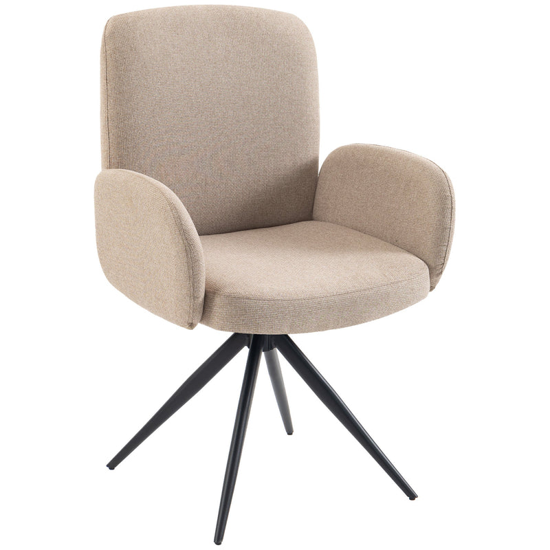 Light brown linen-look swivel accent chair with curved back and black steel base on a white background