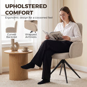 Woman reading in the light brown swivel accent chair with curved backrest and wrapped armrests