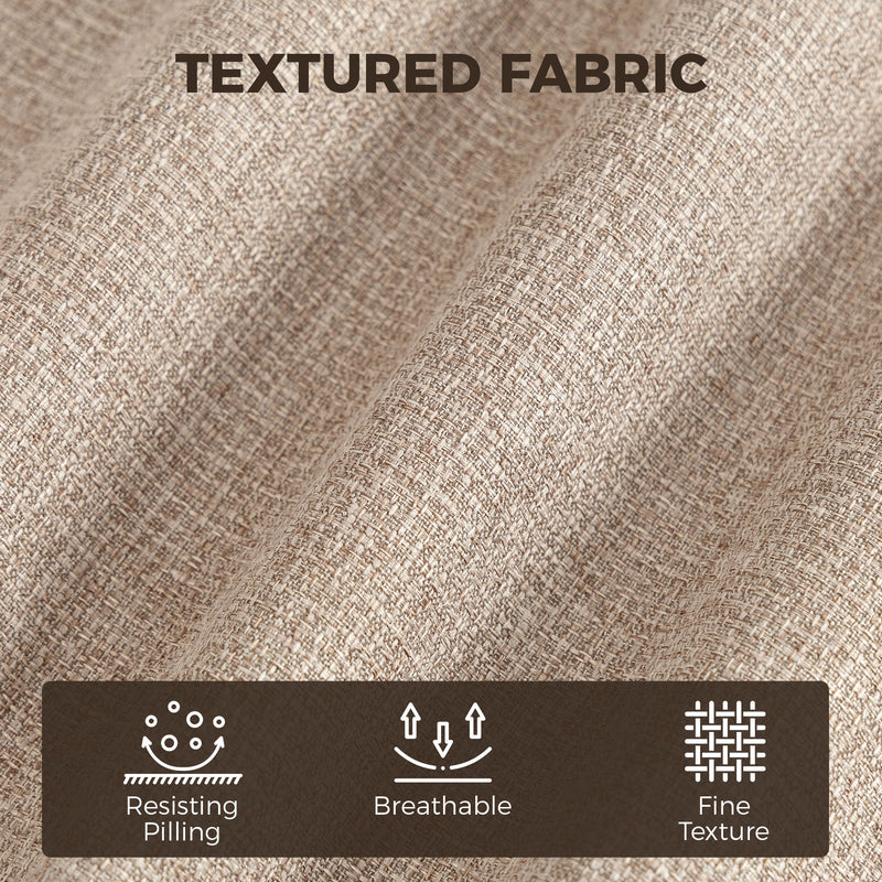 Light brown linen-look fabric close-up with pilling-resistant, breathable and fine texture icons