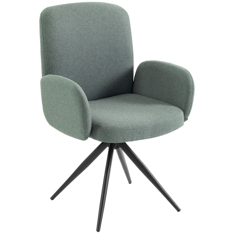 Light green linen-look swivel accent chair with curved back and black steel base on a white background