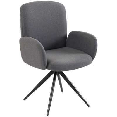 Grey linen-look swivel accent chair with curved back and black steel base on a white background