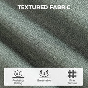 Light green linen-look fabric close-up with pilling-resistant, breathable and fine texture icons