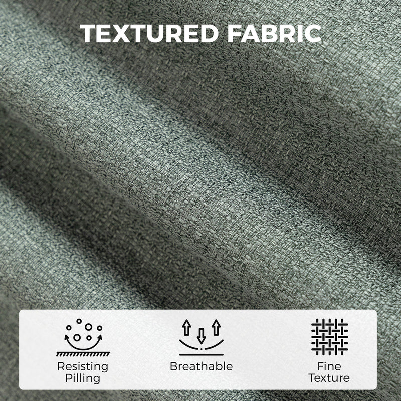 Light green linen-look fabric close-up with pilling-resistant, breathable and fine texture icons
