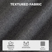 Close-up of grey linen-look fabric with pilling-resistant, breathable and fine texture icons