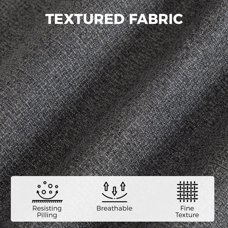 Close-up of grey linen-look fabric with pilling-resistant, breathable and fine texture icons