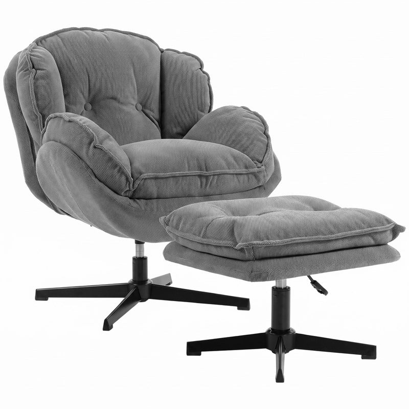 Swivel armchair and footstool set seen from the front left on a plain background