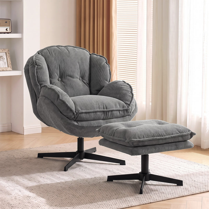 Swivel armchair and footstool in a living room by a window with a wall shelf