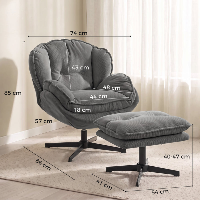 Measurement diagram of the chair and footstool, including the 40-47 cm footstool height