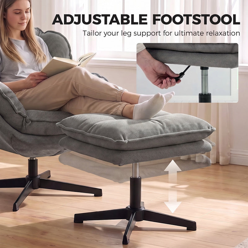 Reading in the armchair with feet up, inset showing the footstool gas lift lever