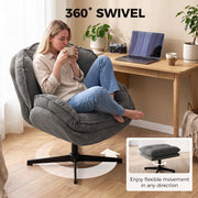 Woman sipping from a mug while curled up in the swivel chair next to a laptop desk