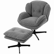 Rear angled view of the armchair and footstool showing the four-arm steel bases