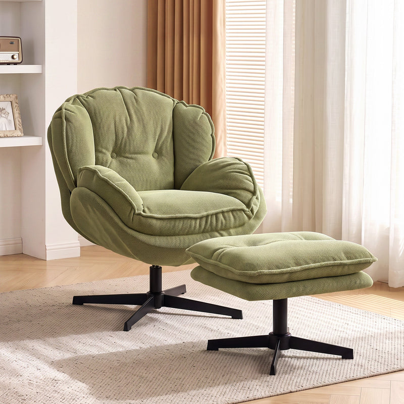 Swivel armchair and footstool in a living room beside a bookcase