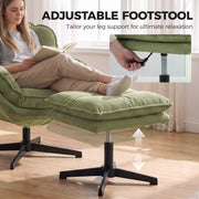 Woman reading in the armchair with an inset close-up of the footstool height lever