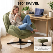 Woman with a mug in the swivel armchair beside a desk, showing 360 degree rotation