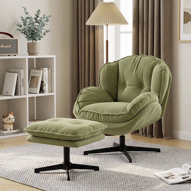 Swivel armchair and footstool beside open shelving, a pleated floor lamp and a plant