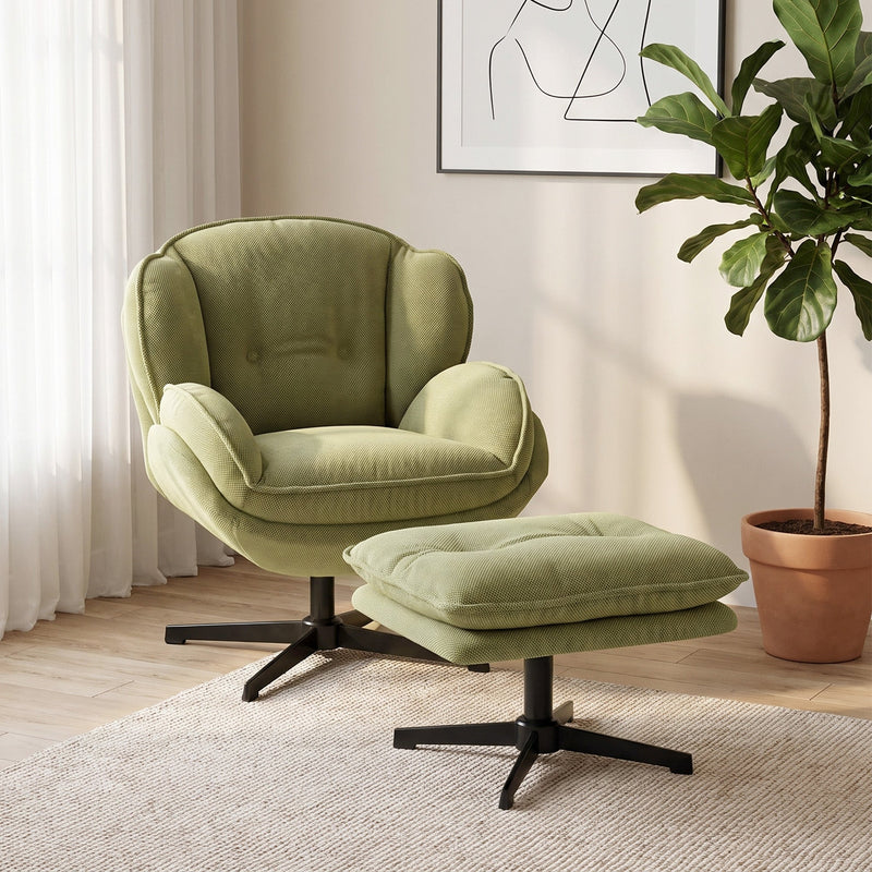 Swivel armchair and footstool in a bright room next to a fiddle leaf fig plant