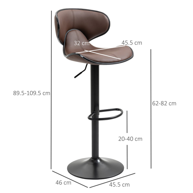 Dimensions of one brown swivel bar stool: seat 45.5 x 32 cm, height 89.5 to 109.5 cm, footrest 20 to 40 cm