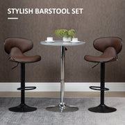 Brown curved-back bar stools either side of a small round bistro table