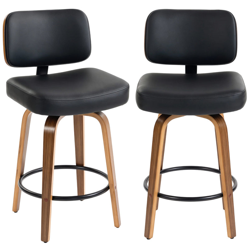 HOMCOM black PU leather swivel bar stools, set of 2, front view
