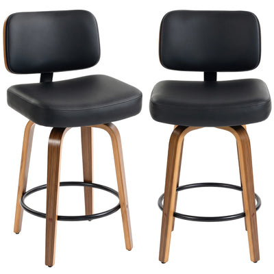 HOMCOM black PU leather swivel bar stools, set of 2, front view