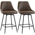Set of 2 dark brown PU leather swivel bar stools with black steel legs on a white background