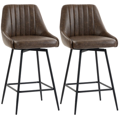 Set of 2 dark brown PU leather swivel bar stools with black steel legs on a white background