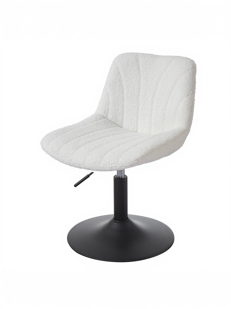 Cloud White sherpa dressing table chair with a black round disc base, front three-quarter studio view