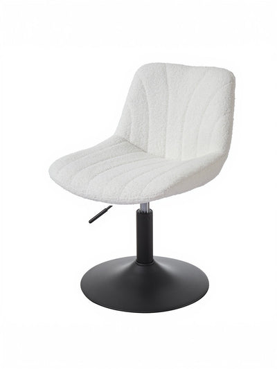 Cloud White sherpa dressing table chair with a black round disc base, front three-quarter studio view