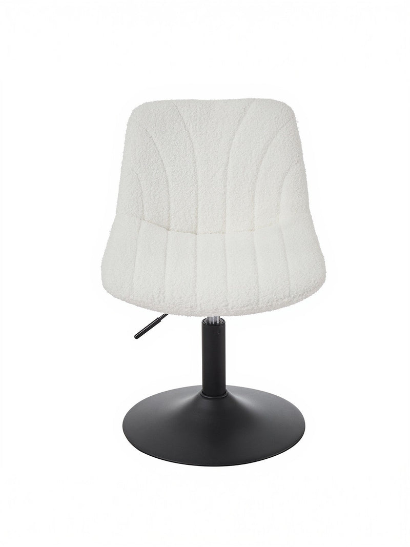 Rear view of the Cloud White sherpa dressing table chair showing the curved backrest and adjustment lever