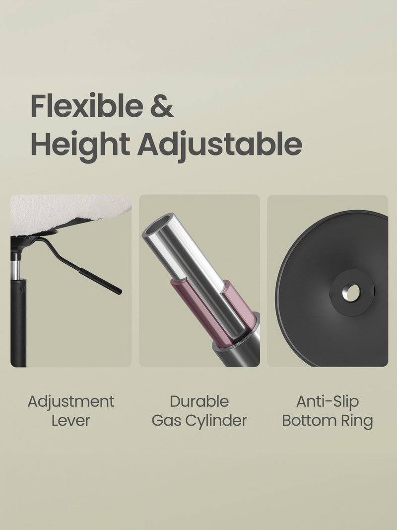 Three close-up panels labelled adjustment lever, durable gas cylinder and anti-slip bottom ring