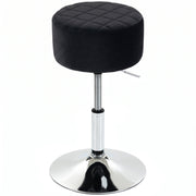 Black plush adjustable swivel kitchen stool with a chrome trumpet base on a white background