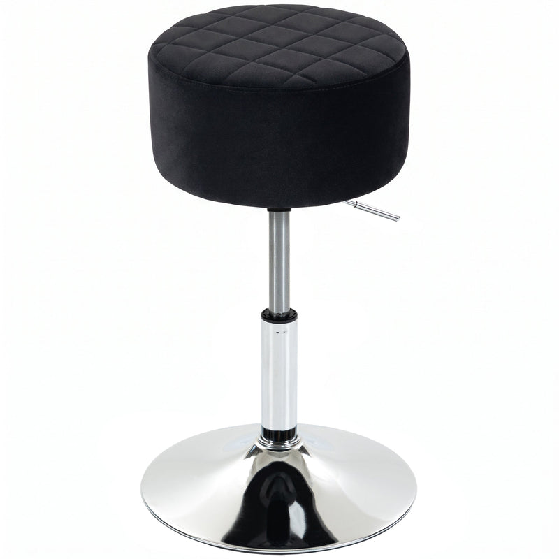Black plush adjustable swivel kitchen stool with a chrome trumpet base on a white background