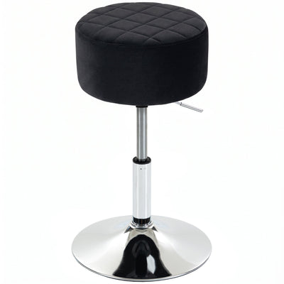 Black plush adjustable swivel kitchen stool with a chrome trumpet base on a white background
