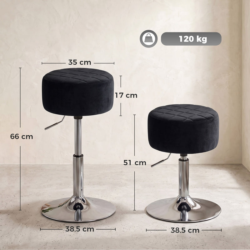 Dimensions diagram showing a 35 cm seat, 17 cm cushion, 51 to 66 cm height and 38.5 cm base