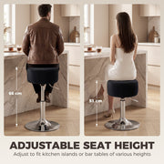 Split image of the black stool raised to 66 cm and lowered to 51 cm at a kitchen counter